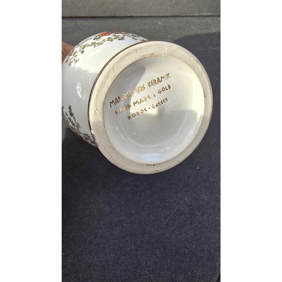 Vintage Manousakis Keramik Greek Twin Handle Vase Butterfly Floral Gold Trim - Picture 8 of 9